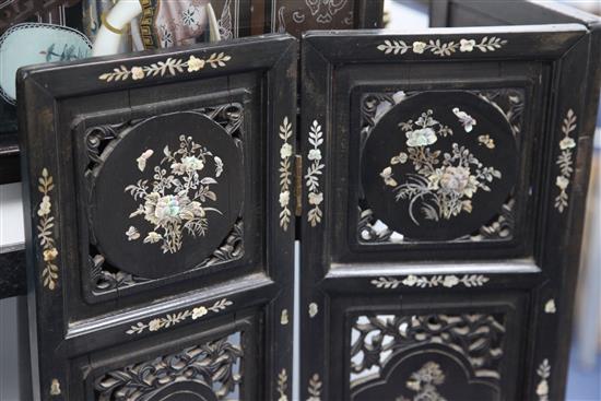 A Chinese mother of pearl inlaid ebonised wood four fold screen, late 19th / early 20th century, 100.5cm.